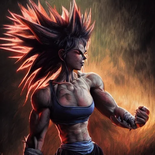 Image similar to fistfight, bloody, warrior girl, muscular girl, wild spiky black saiyan hair, long spiky hair, electrified hair, fistfighting demons, ultra realistic, intricate details, highly detailed, subsurface scattering, photorealistic, octane render, 8 k, art by artgerm, greg rutkowski, magali villeneuve, alphonse mucha