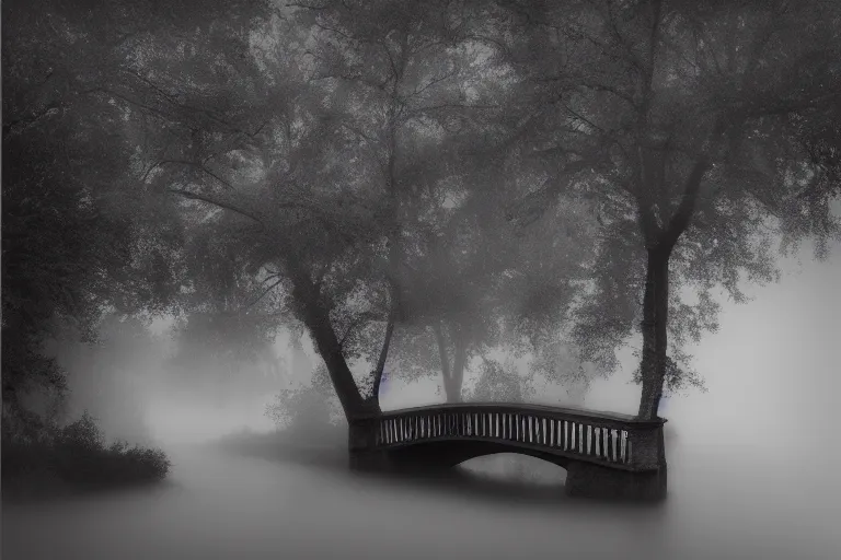 Prompt: masterpiece lomography photography of ( pont ambroix at ambrussum ), one single arch, realistic, detailed, cinematic lights, 8 k, long exposure, trees, fog in the background, monochromatic soft blue tones, by gustave courbet, moonlight, artstation, deviantart, fireflies