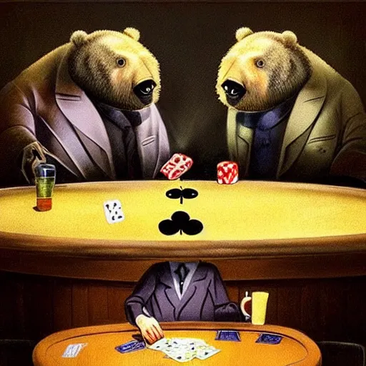 Image similar to “tardigrade and grizzly bear mobsters playing poker in a dimly lit basement poker table”