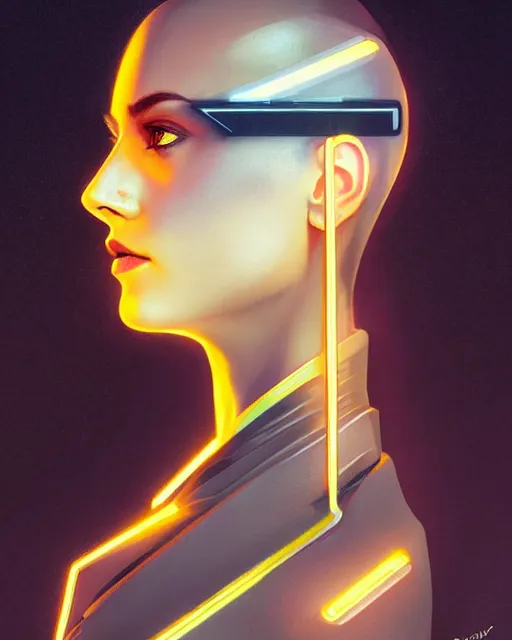 Image similar to symmetry!! centered, head on portrait of a man with futuristic minimalist face tattoos, sci - fi -, cyberpunk, blade runner, glowing lights, tech, biotech, techwear!! intricate, elegant, highly detailed, digital painting, artstation, concept art, smooth, sharp focus, illustration, art by artgerm and greg rutkowski and alphonse mucha