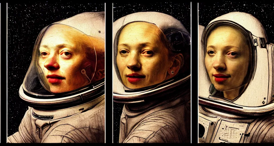 Prompt: a triptych of close up portraits of a very ordinary young woman in a NASA spacesuit, by rembrandt, colorful screenprint and scrawled charcoal lettering, anatomically correct, beautiful perfect face, sharp focus, Highly Detailed, Cinematic Lighting, 8k, HD