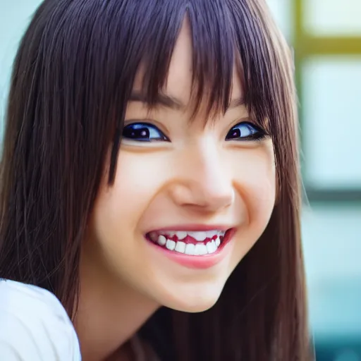 Image similar to An anime girl with a huge smile, staring at camera