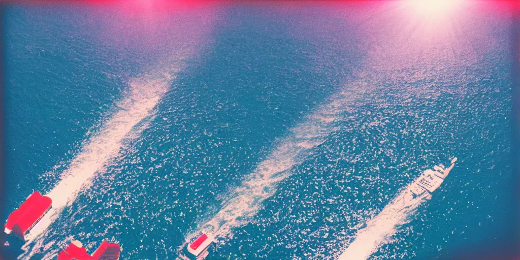 Prompt: analog polaroid photograph of a cruiseship in the ocean, seen from above, drone footage, bright sun reflection in the water, lensflare, film grain, azure tones, red color bleed