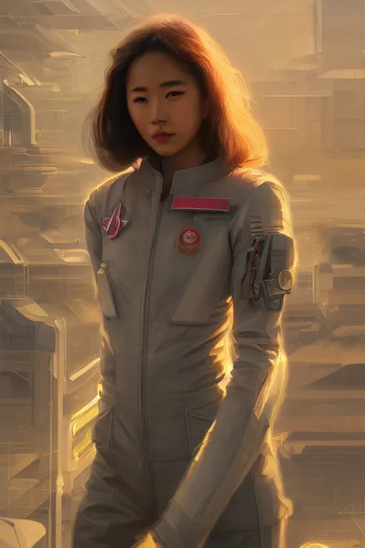 Image similar to portrait futuristic asian airforce girl, looking at the camera, in future airport rooftop , sci-fi, fantasy, intricate, very very beautiful, elegant, human anatomy, neon light, highly detailed, digital painting, artstation, concept art, smooth, sharp focus, illustration, art by tian zi and WLOP and alphonse mucha