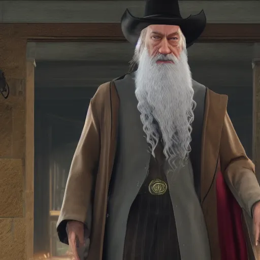 Image similar to Film still of Professor Dumbledore, from Red Dead Redemption 2 (2018 video game)