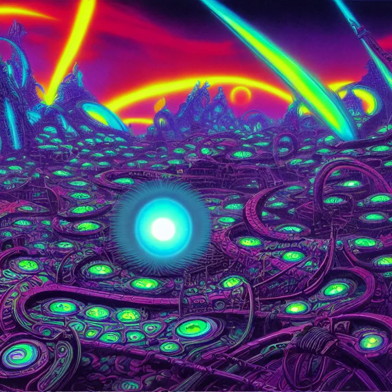 Image similar to mythical glowing eyeballs in infinite serpent city, ( ( ( synthwave ) ) ), ( ( fractal waves ) ), bright neon colors, highly detailed, cinematic, tim white, michael whelan, caza, bob eggleton, philippe druillet, vladimir kush, kubrick, alfred kelsner