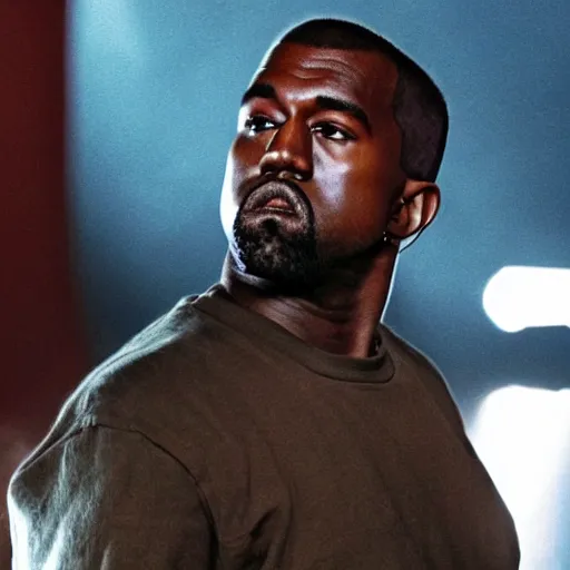 Image similar to Film still of kanye west as the terminator, red eyes, face exoskeleton