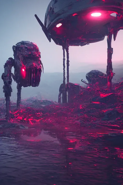 Image similar to beautiful dark bloody flooded landscape, giant robot human skull gears spider legs, in the style of beeple and Mike Winkelmann, photo real, ultra realistic, intricate, epic lighting, 8k resolution, unreal engine 5, ultraviolet colors,