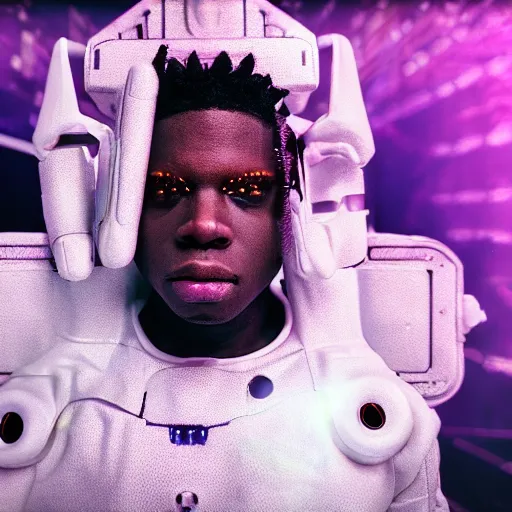 Image similar to a cinematic film still of rapper unotheactivist as a cybernetic cyborg, cgi, surrealism, cold lighting, film photography