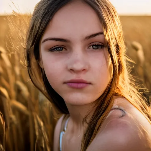 Image similar to portrait of a beautiful girl, close - up, low depth of field, sharp focus on face, golden light, in a wheat field