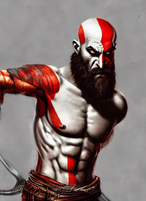 Image similar to portrait of a psychedelic kratos from god of war, digital painting masterpiece, advanced lighting technology, stylized yet realistic anatomy and face, gorgeous, by reiq and bengus and akiman and shigenori soejima and bastien vives and balak and michael sanlaville and jamie hewlett, 4 k wallpaper, cinematic, gorgeous brush strokes, coherent and smooth