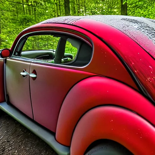 Image similar to promotional scifi - blockbuster movie scene of an insect - ladybug'glossy volkswagen beetle'hybrid, flying down a dusty backroad in smokey mountains tennessee. the hybrid is 2 / 3 ladybug. cinematic, muted dramtic color, 4 k, imax, 7 0 mm, hdr