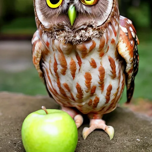 Image similar to a grotesque, horrific owl made entirely of apples