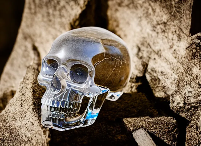 Image similar to crystal skull encased in a crystal box On a pedestal in ancient ruins in the forest. Highly detailed 8k. Intricate. Nikon d850 55mm. Award winning photography.