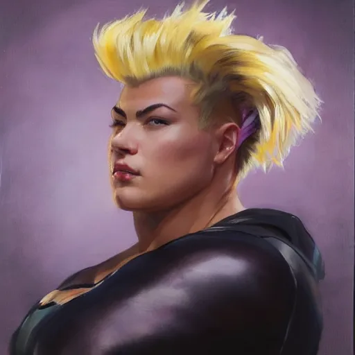 Prompt: greg manchess portrait of thick muscular weightlifter zarya from overwatch with ponytail and blonde hair, medium shot, asymmetrical, profile picture, organic painting, sunny day, matte painting, bold shapes, hard edges, street art, trending on artstation, by huang guangjian and gil elvgren and sachin teng