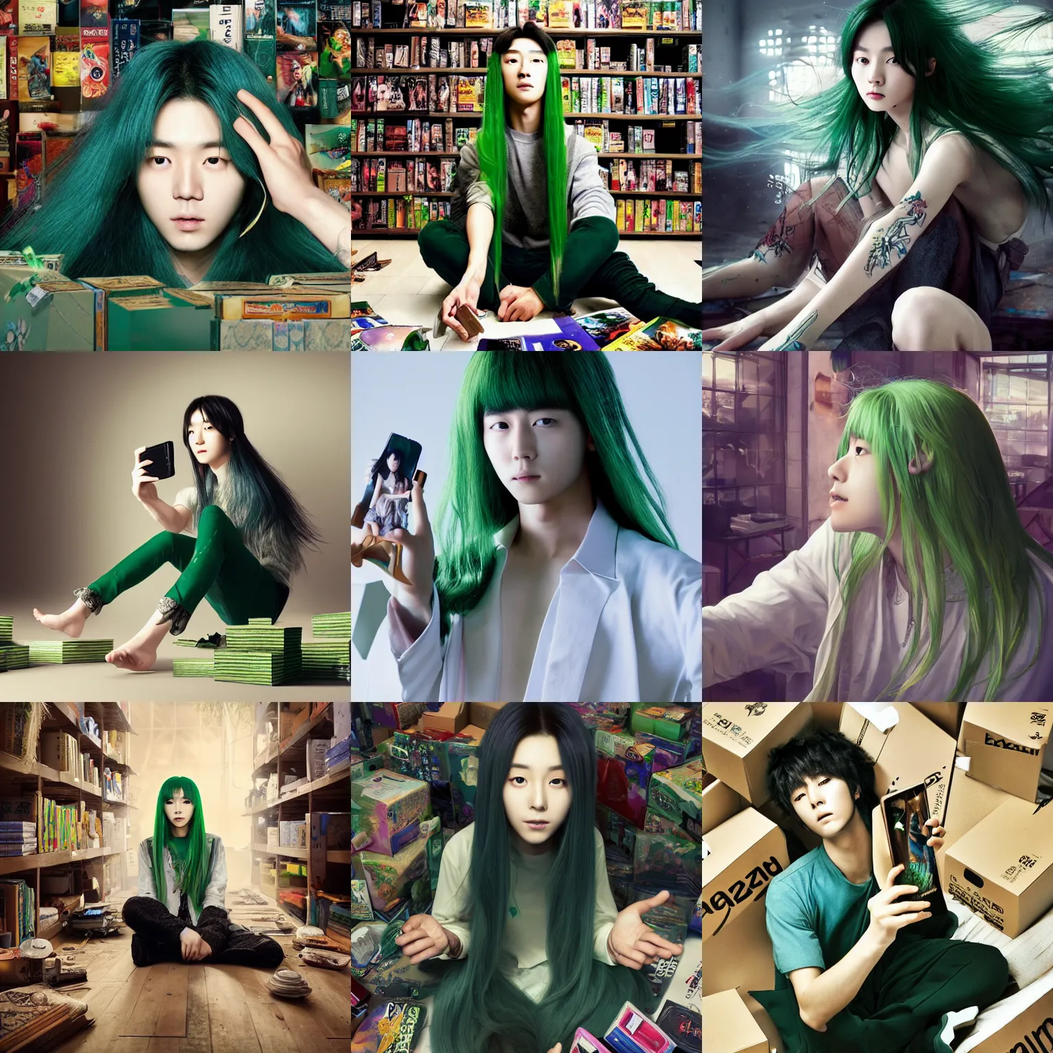 Prompt: A beautiful fantasy picture of a famous and popular young Korean actor with long green hair sitting on the floor, surrounded by open boxes from Amazon , taking a selfie, sharp focus, depth of field, hyper detailed, hyper realistic, High definition, 8k, octane render, artstation