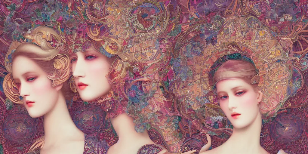 Prompt: breathtaking detailed concept art painting kaleidoscope art deco pattern of blonde faces goddesses by hsiao - ron cheng, amalgamation flowers, bizarre compositions, exquisite detail, extremely moody lighting, 8 k