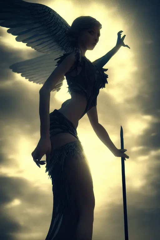 Image similar to beautiful woman with black angelic wings holding a magical staff, falling from the sky, cinematic lighting, dramatic atmosphere, 4k resolution, trending on artstation