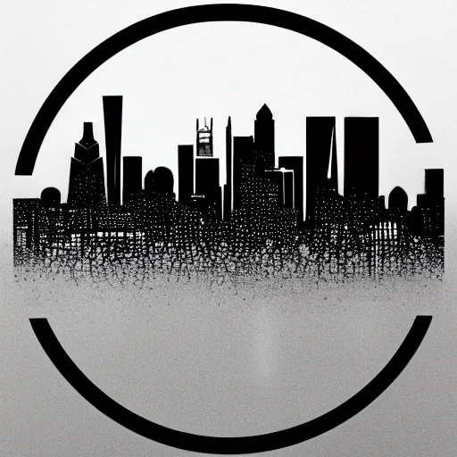 Image similar to a perfect circle, the outer edge of the circle is the silhouette of a city skyline, black and white, minimalist, in the style of a line drawing