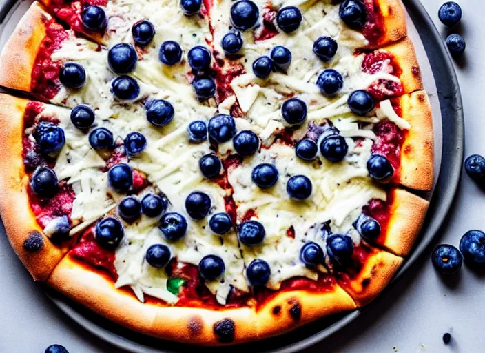 Image similar to A delicious plate of pizza with blueberries on, extra cheese, close up food photography, studio lighting, Sigma 35mm f/1.4