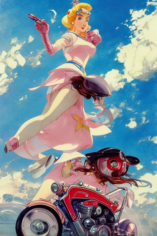 Image similar to princess peach style of speed racer, dynamic pose, retro anime, intricate, futuristic, fantasy, elegant, by Stanley Artgerm Lau, Margaret Keane, greg rutkowski, thomas kindkade, alphonse mucha, loish, norman Rockwell,