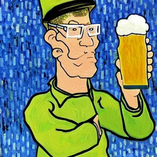 Image similar to hank hill drinking a beer, painting by van gogh