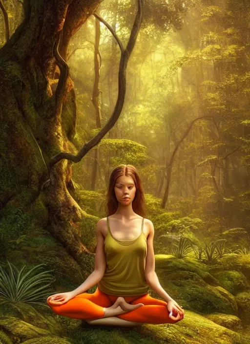 Prompt: young woman sitting in yoga pose : : forest nature : : weta disney pixar movie still photo : : decadent highly - detailed digital painting, full length shot, golden ratio, octane render, artstation, smooth, sharp focus, artgerm, mucha, loish, wlop, gogo