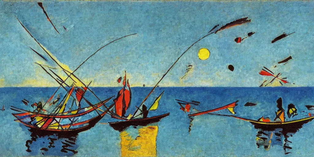 Prompt: rising sun ( ( ( fishing cormorant, fishing boat ) ) ) on the naples bay, by kandinsky