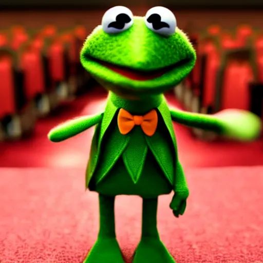 Prompt: kermit the frog wearing a tux to a movie theater, photorealistic, 4k, high detail