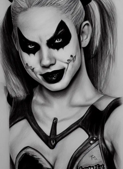 Image similar to a pencil drawing of harley quinn, insanely detailed