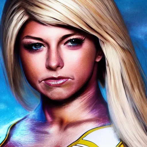 Prompt: alexa bliss as power girl, artstation hall of fame gallery, editors choice, #1 digital painting of all time, most beautiful image ever created, emotionally evocative, greatest art ever made, lifetime achievement magnum opus masterpiece, the most amazing breathtaking image with the deepest message ever painted, a thing of beauty beyond imagination or words, 4k, highly detailed, cinematic lighting