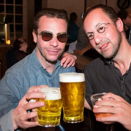 Prompt: Cedric Jubilar and Xavier dupont de ligones having a beer, award winning photography