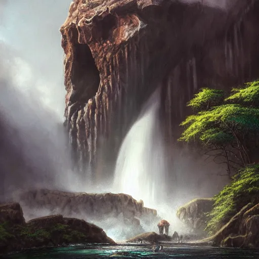 Prompt: crumbling skull of a colossal ancient beast laying in a giant waterfall, by Andreas Rocha + Ted Nasmith, dark, epic, masterpiece, highly detailed, 8k resolution, trending on art station