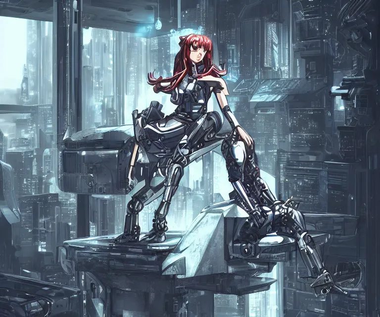 Image similar to majestic cyborg princess sitting on a metal throne in a futuristic castle, cyberpunk, highly detailed, sharp lines, anime