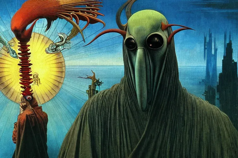 Image similar to realistic detailed portrait movie shot of a birdman wearing a dark robes, sci fi city landscape background by denis villeneuve, amano, yves tanguy, alphonse mucha, ernst haeckel, max ernst, roger dean, masterpiece, rich moody colours, dog teeth, blue eyes, sunset