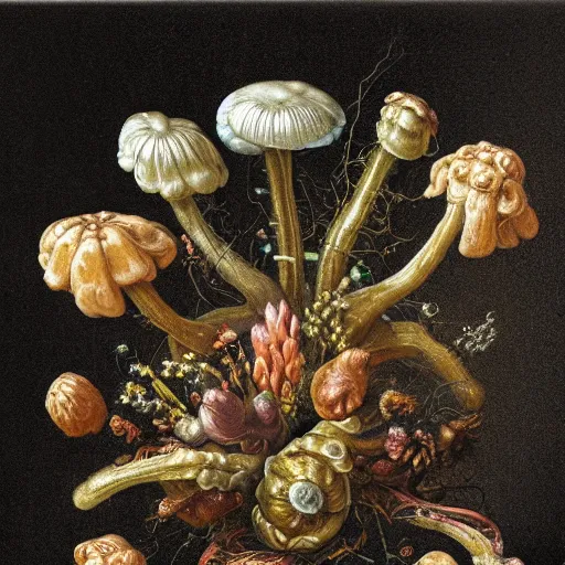 Prompt: disgusting disturbing dutch golden age bizarre mutant flower floral still life with many human toes very detailed fungus disturbing tendrils bizarre slimy forms sprouting up everywhere by rachel ruysch black background chiaroscuro dramatic lighting perfect composition high definition 8 k 1 0 8 0 p