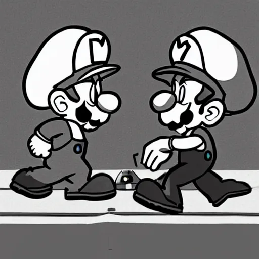 Prompt: mario and luigi chasing walter white in the mushroom kingdom, realistic, black and white