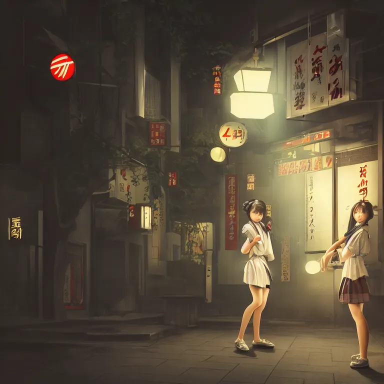 Image similar to two japanese schoolgirls fighting behind a 7 - 1 1 at night, intricate details, complementary lighting, detailed face, backlighting, octane render, raytraced, depth of field, extremely detailed, trending in artstation, focus on face, sharp focus, radiant light, beautiful composition, yihao ren, zochi, zero - hour, jean paul fiction