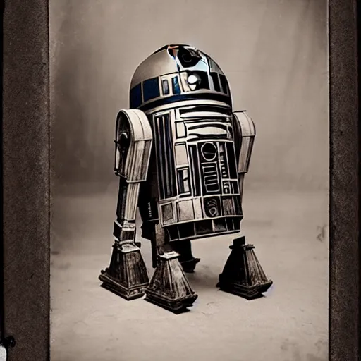 Image similar to Tintype photograph of R2D2 displayed in an ethnographic museum, archive material, anthropology, 1920s studio lighting.
