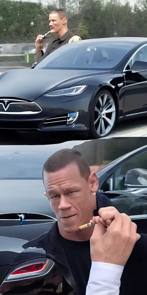Prompt: John Cena smoking in a Tesla, 8k hyperrealistic