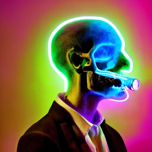 Image similar to Fuzzy neon skull smoking a pipe, studio photography