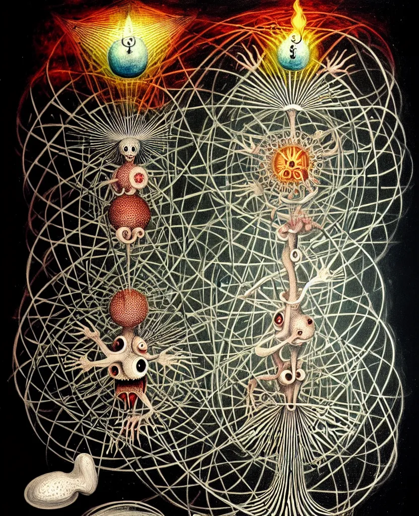 Image similar to whimsical freaky creature sings a unique canto about'as above so below'being ignited by the spirit of haeckel and robert fludd, breakthrough is iminent, glory be to the magic within, painted by ronny khalil