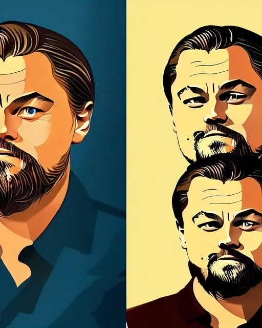 Image similar to painting portrait of leonardo dicaprio and a carp, cartoon, warm lighting, leonardo dicaprio has a carp. leonardo dicaprio and a carp fish. movie poster, illustration by bartek fedyczak, erak note, tooth wu, neil richards, kan liu, siwoo kim, jisu choe, trending on art station