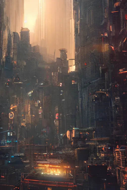 Image similar to cyberpunk cityscape like tokyo nework with tall buildings at dusk golden hour cinematic lighting, epic composition. A golden daylight, hyper-realistic environment. Hyper and intricate detail, photo-realistic. Cinematic and volumetric light. Epic concept art. Octane render and Unreal Engine, trending on artstation