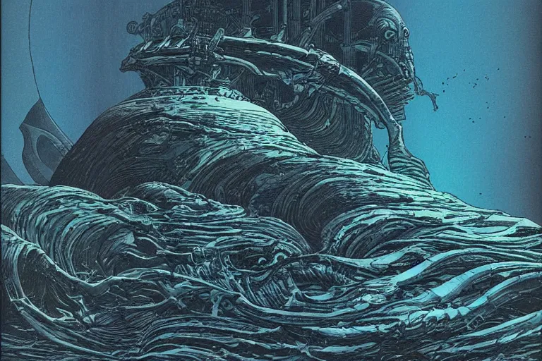 Prompt: dark underwater alien ocean, moebius, giger