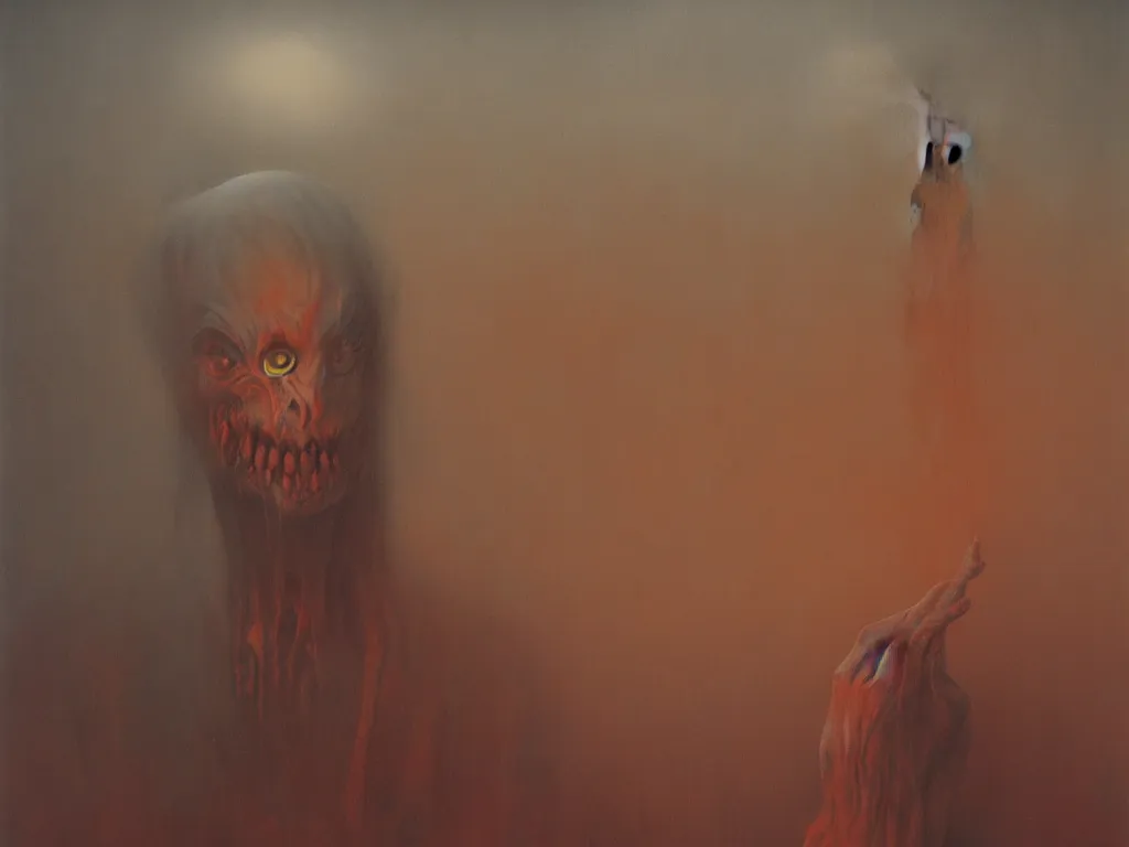 Prompt: An uncanny demon in a nightmarish hellscape, painted by Zdzisław Beksiński, 4K