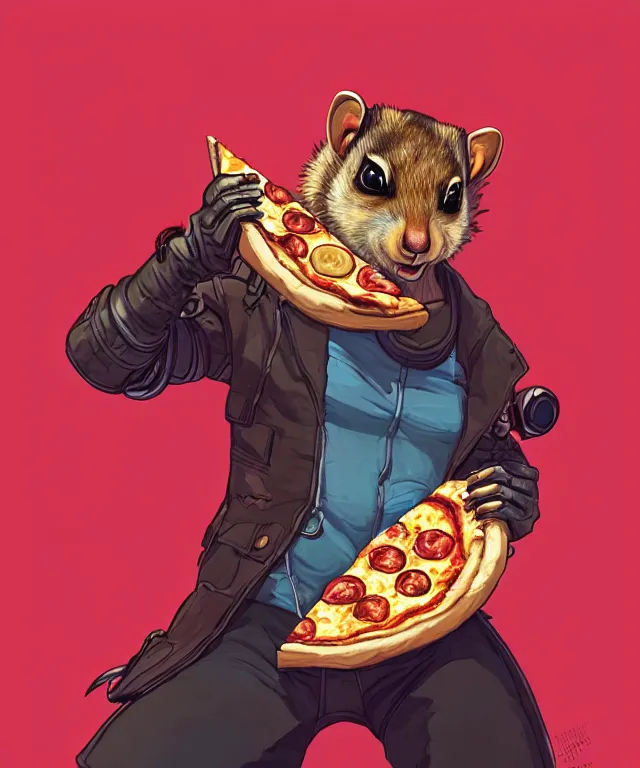 Prompt: a portrait of an anthropomorphic cyberpunk chipmunk holding a pizza, cyberpunk!, fantasy, elegant, digital painting, artstation, concept art, matte, sharp focus, illustration, art by josan gonzalez