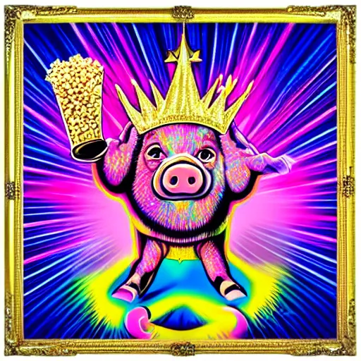 Image similar to lisa frank superhero pose pig wearing a gold crown throwing pop corn painting by android jones