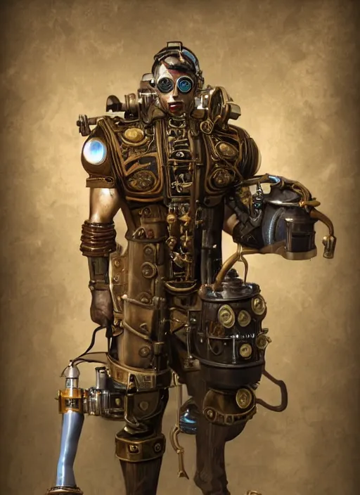 Image similar to steampunk bioshock jeff bezos is a muscular bodybuilder, au naturel, hyper detailed, digital art, trending in artstation, cinematic lighting, studio quality, smooth render, unreal engine 5 rendered, octane rendered, art style by klimt and nixeu and ian sprigger and wlop and krenz cushart.