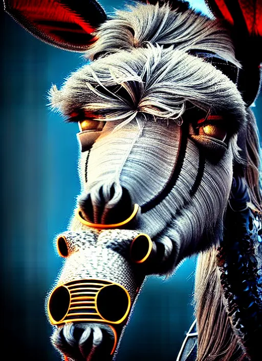 Prompt: intricate hyper detailed ultra sharp portrait of an evil robotic donkey that is heroically looking into the camera, fire background, 2 d digital vector art, highly realistic, highly detailed, medium shot, low angle, dramatic lighting, picture of the year award, deep cyberpunk mechanoid, sharp focus, 4 k, ultra hd,